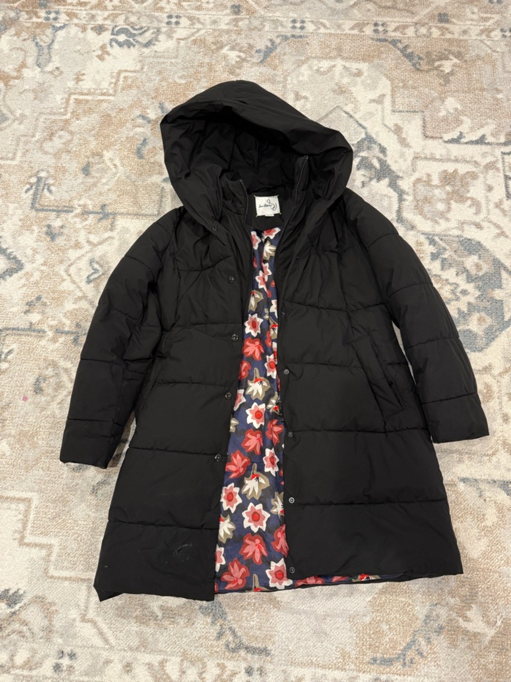 Sam Edelman Black Hooded Puffer Coat with Floral Lining